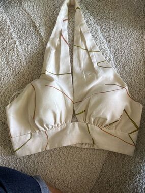 Cream Halter Crop Top with Subtle Green & Rust Line Print
